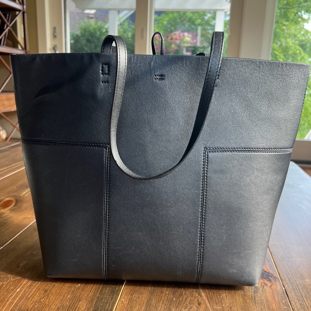 Tory Burch Block-T Black Leather Tote Purse Bag